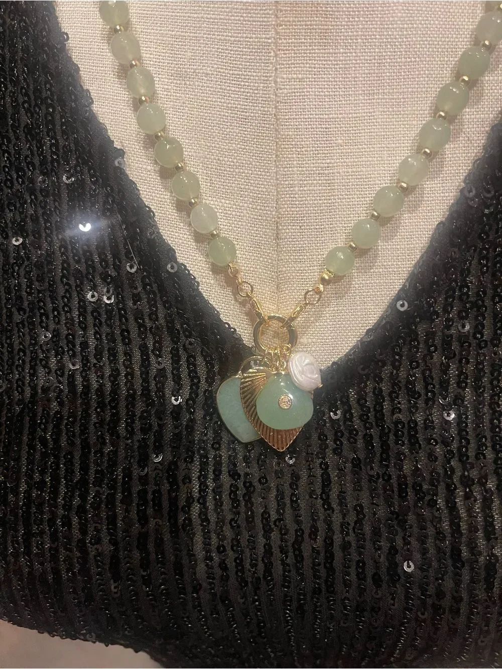 Gold & Green Beaded Necklace with 4 Charms!